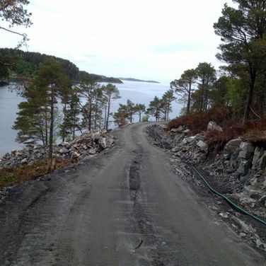 en grusvei som leder til et hytte område 